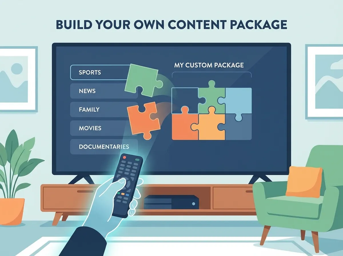 ภาพประกอบแสดงอินเทอร์เฟซผู้ใช้บนหน้าจอทีวี โดยผู้ชมกำลังเลือกชิ้นส่วนจิ๊กซอว์ที่แสดงถึงหมวดหมู่ต่างๆ เช่น กีฬา ข่าว และครอบครัว เพื่อสร้างแพ็กเกจเนื้อหาที่กำหนดเอง