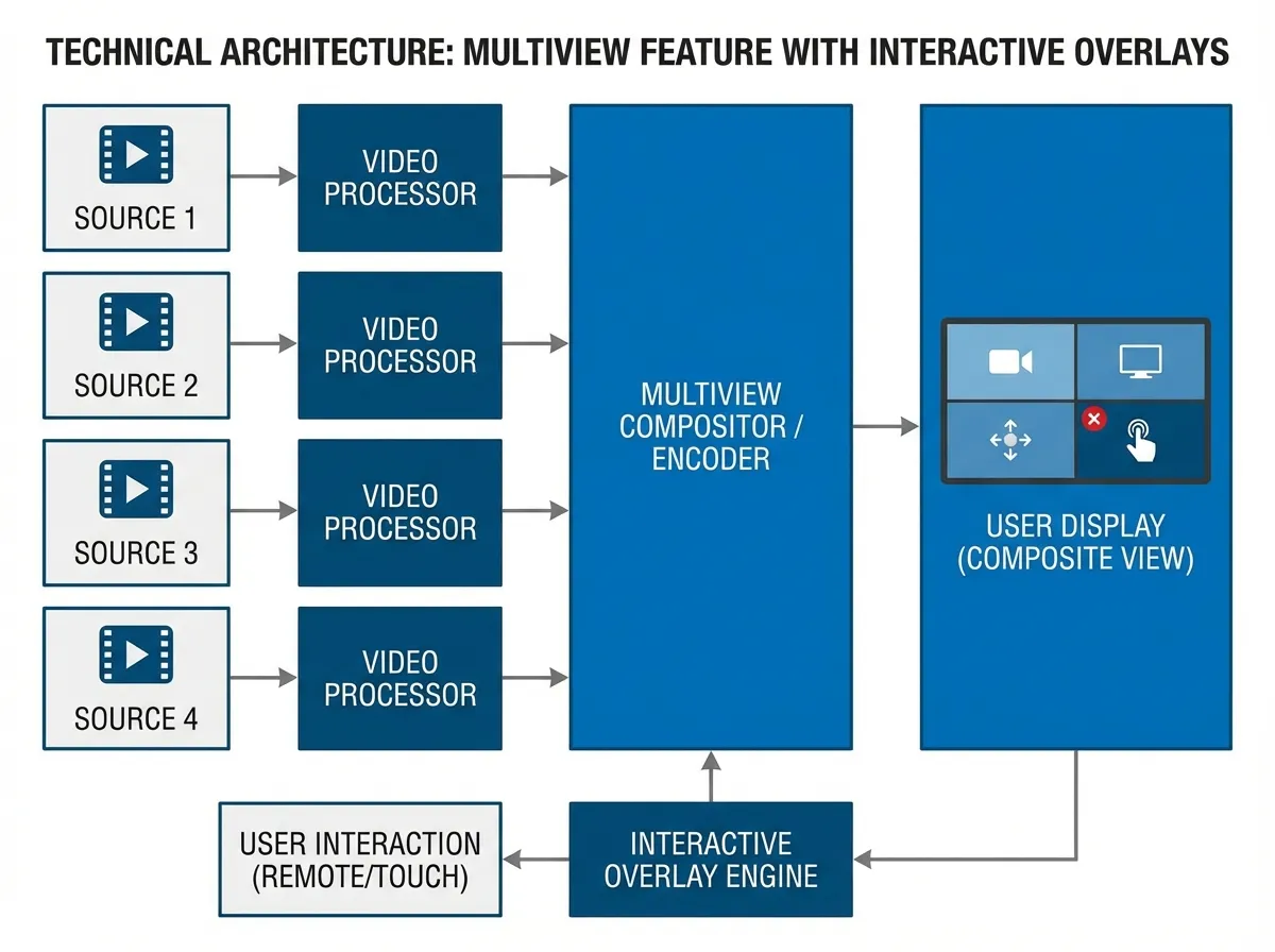 แผนภาพแสดงสถาปัตยกรรมทางเทคนิคของฟีเจอร์ multiview แสดงให้เห็นว่าสัญญาณวิดีโอ 4 สัญญาณถูกประมวลผลและรวมเข้าด้วยกันเป็นจอแสดงผลเดียวสำหรับผู้ใช้พร้อมองค์ประกอบอินเทอร์แอคทีฟซ้อนทับได้อย่างไร