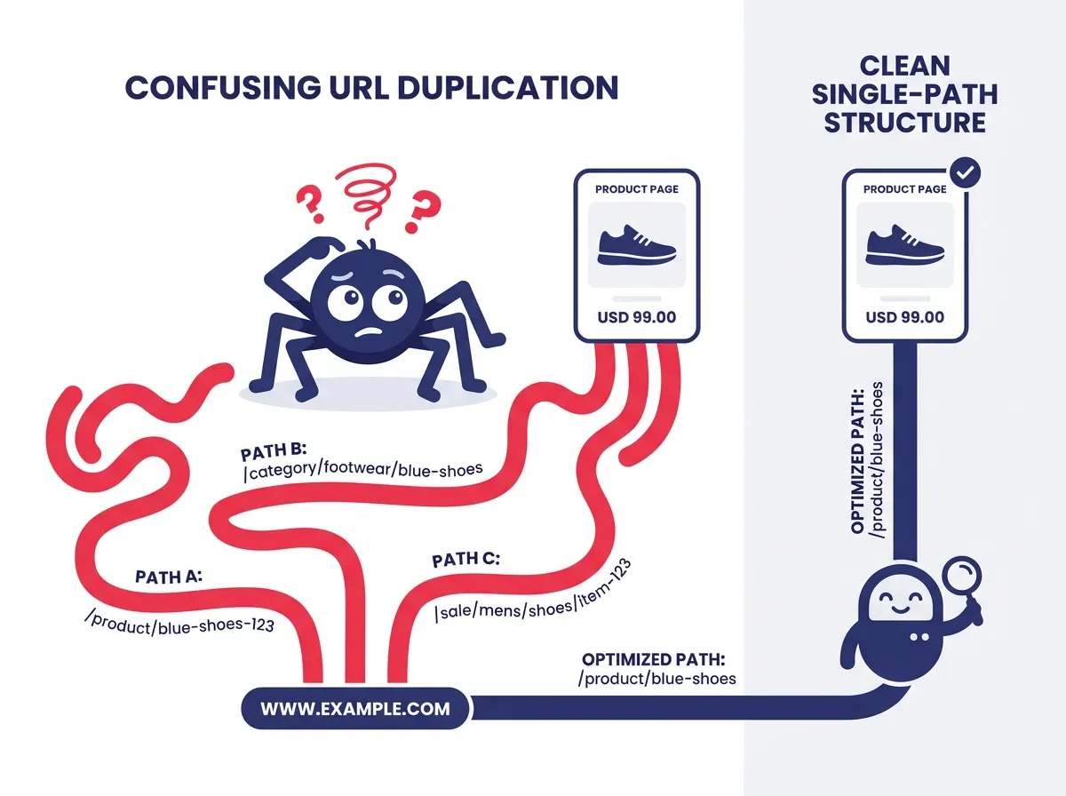An illustration depicting the concept of URL duplication, showing a spider bot getting confused by three different paths leading to the same product page, contrasted with a clean, single-path structure.