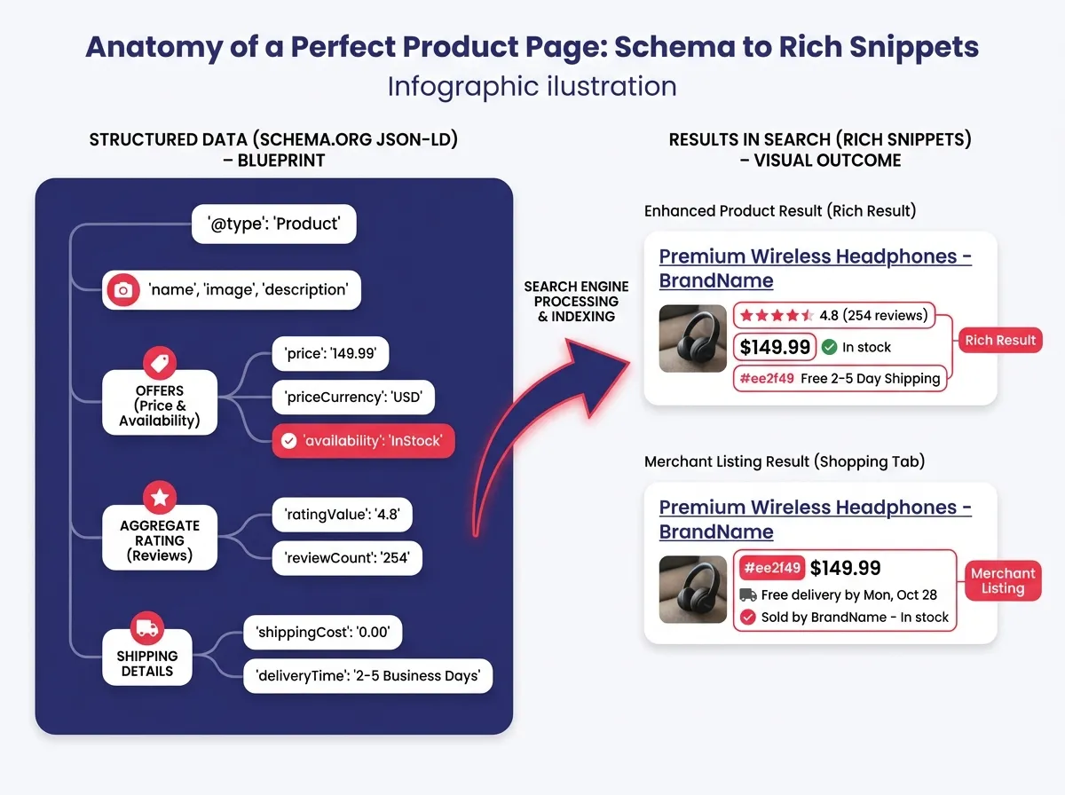 An infographic detailing the elements of a perfect product page schema, highlighting fields like price, availability, reviews, and shipping, and showing how these translate into rich snippets in search results.