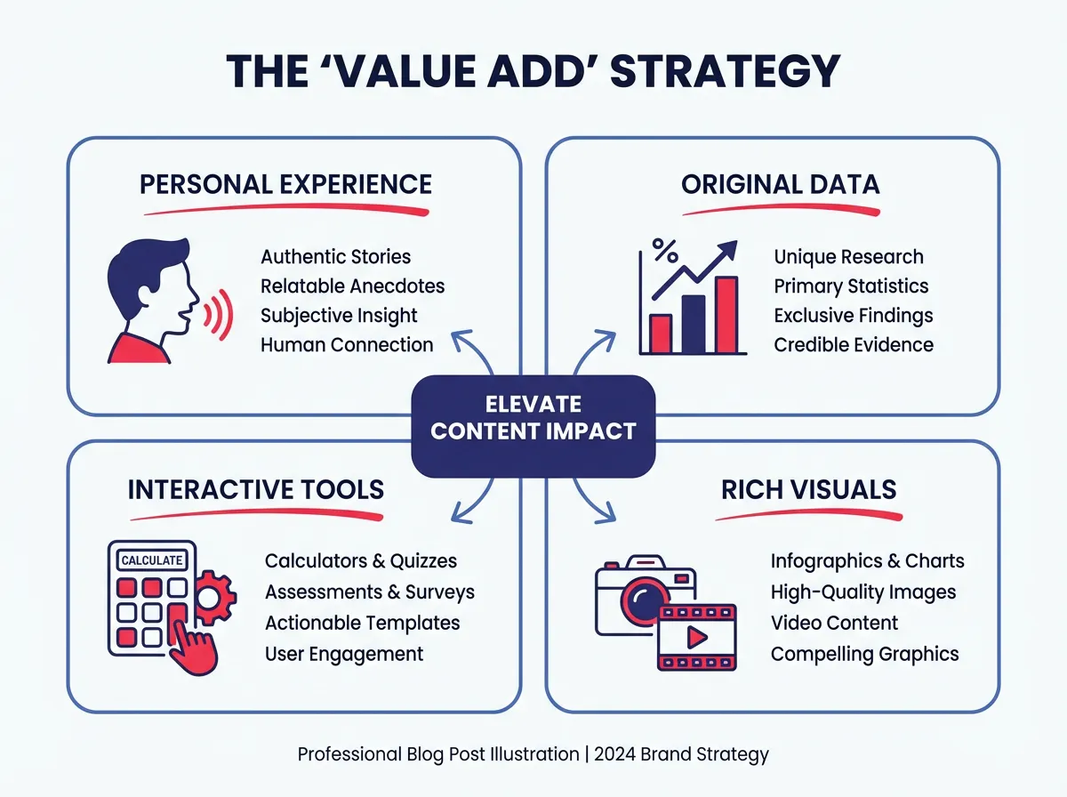 An infographic summarizing the "Value Add" strategy. It lists four quadrants: "Personal Experience," "Original Data," "Interactive Tools," and "Rich Visuals." Each quadrant has a small icon representing the concept, such as a person speaking, a bar chart, a calculator, and a camera.