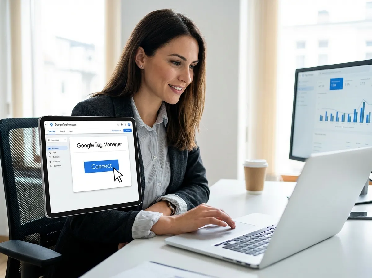 A professional photo showing a marketing analyst working on a laptop with the Google Tag Manager interface visible on the screen, highlighting a 'Connect' or 'Setup' button.
