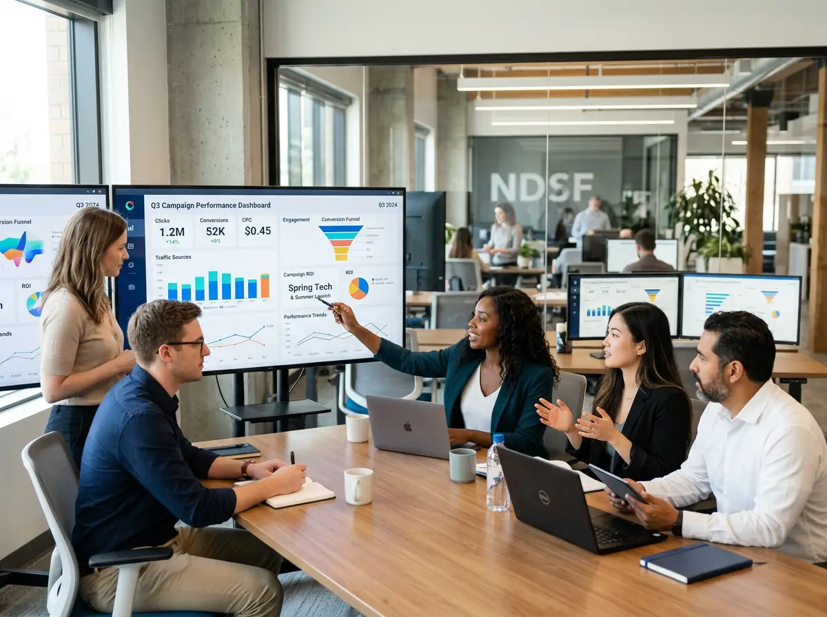 A marketing team reviewing campaign performance data on large monitors in a modern office setting
