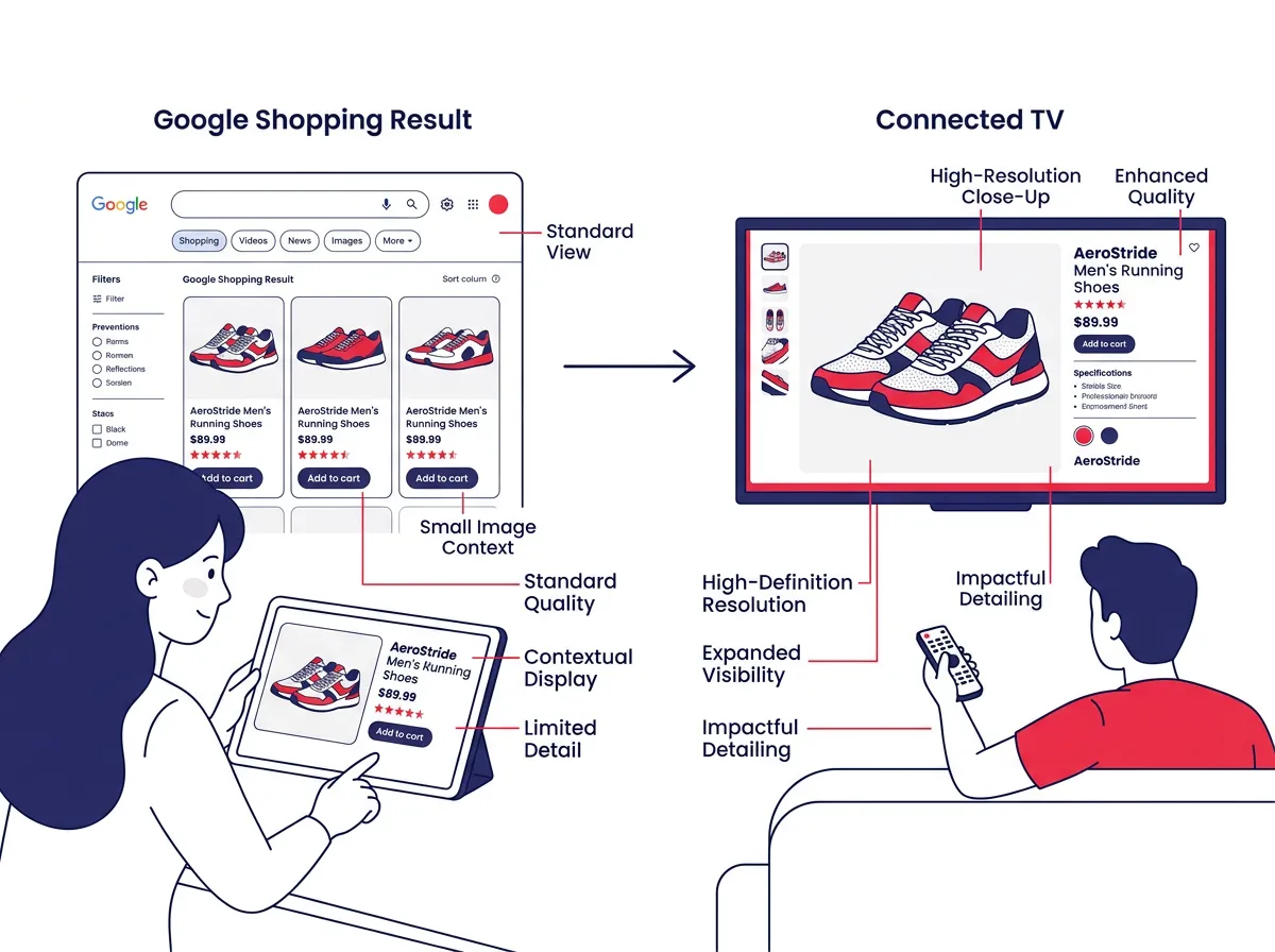 An illustration comparing a product image as it appears in a Google Shopping result versus the same image scaled up on a connected TV screen, highlighting quality and context differences