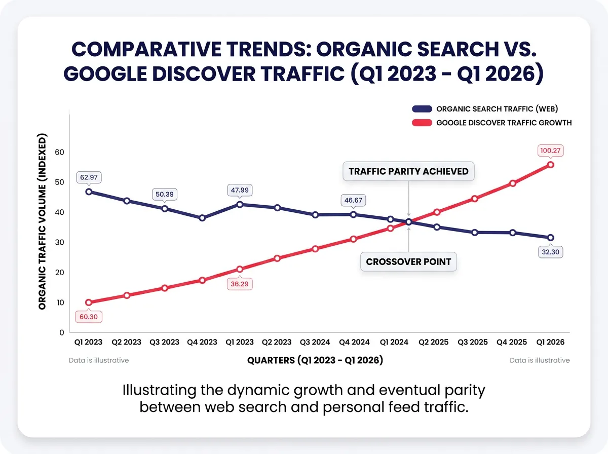 A line chart comparing organic search traffic trends versus Google Discover traffic growth from Q1 2023 through Q1 2026, showing the crossover point where Discover reaches parity with web search