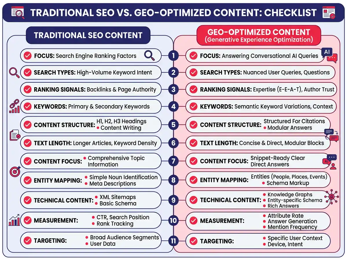 A side-by-side comparison graphic showing traditional SEO content attributes versus GEO-optimized content attributes, designed as a quick reference checklist for marketing teams