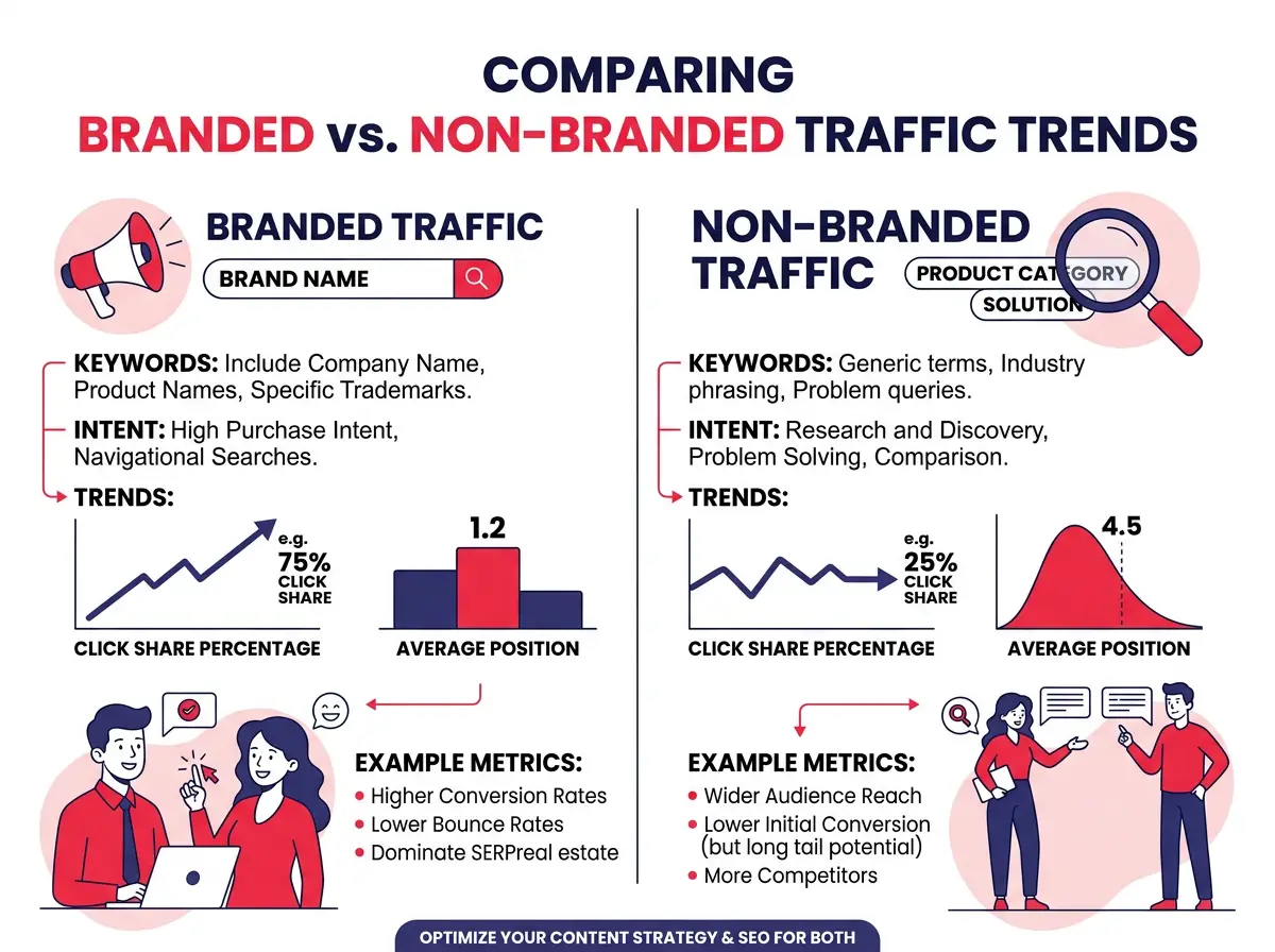 อินโฟกราฟิกแสดงความแตกต่างระหว่างแนวโน้ม Traffic แบบระบุแบรนด์และไม่ระบุแบรนด์ พร้อมตัวอย่างตัวชี้วัดเช่น เปอร์เซ็นต์ส่วนแบ่งการคลิกและการเปรียบเทียบอันดับเฉลี่ย