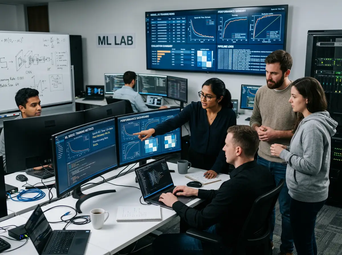A team of engineers working in a modern data science lab, surrounded by monitors showing ML training metrics and model performance dashboards