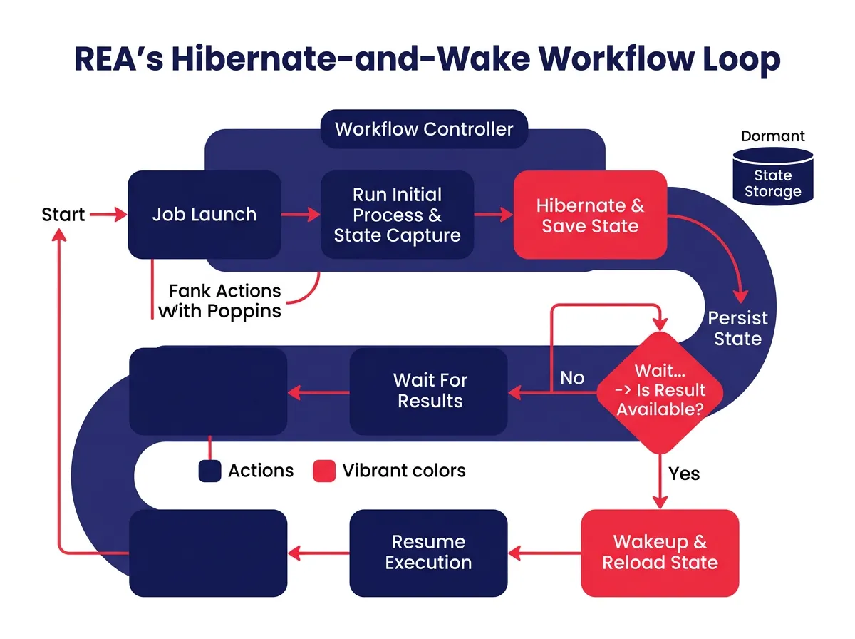 Diagram showing REA's hibernate-and-wake workflow loop, starting with job launch, moving to a dormant background state, and automatically resuming when results are available