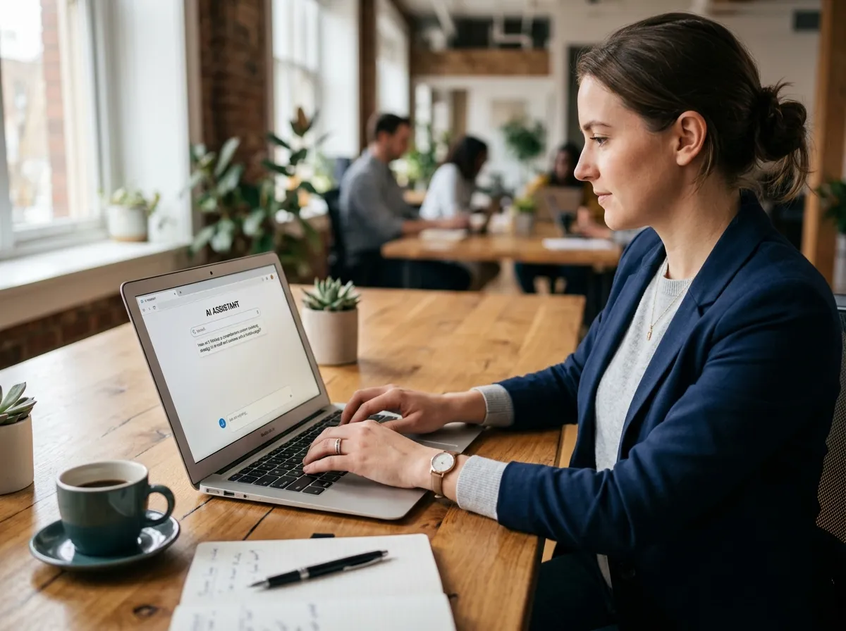 A person typing a conversational question into an AI search interface on a laptop