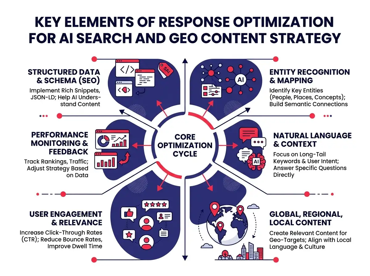 An infographic showing the key elements of response optimization for AI search and GEO content strategy