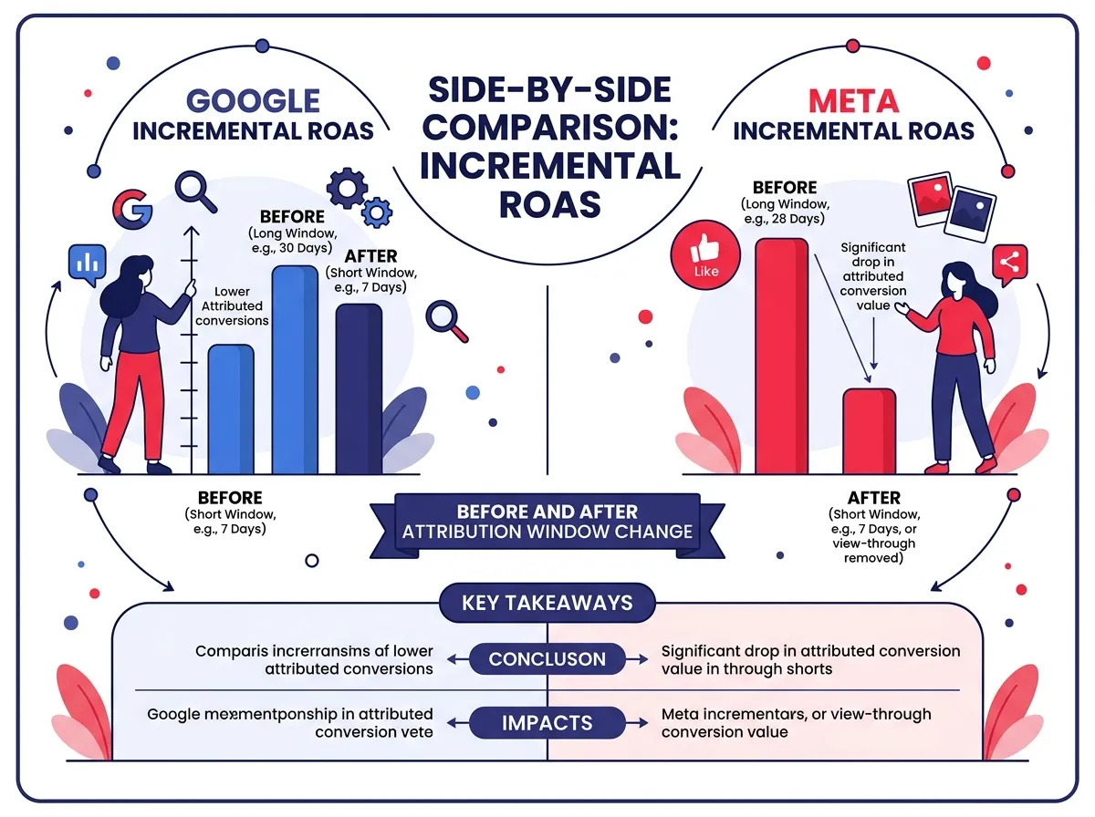 A side-by-side comparison graphic showing Google incremental ROAS and Meta incremental ROAS before and after the attribution window change