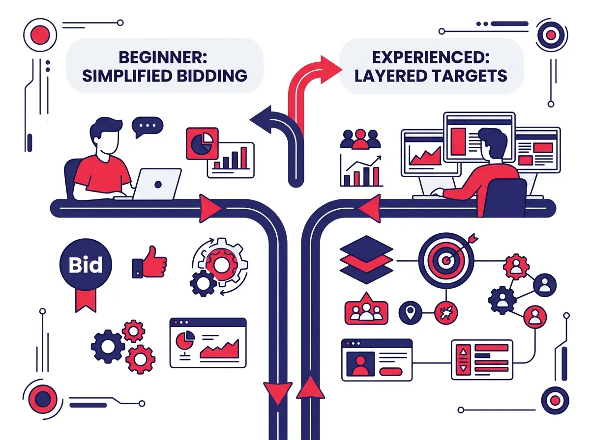 An illustration showing two paths for advertisers, one for beginners choosing simplified bidding and one for experienced users adding layered targets