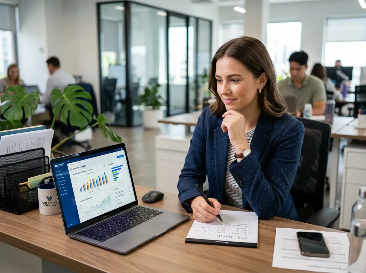 A young marketing professional sitting at a desk reviewing AI-generated reports on a laptop, looking thoughtful and focused