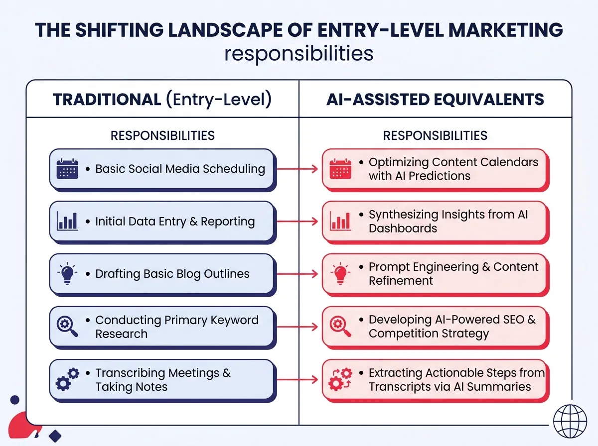 A side-by-side comparison showing traditional entry-level marketing tasks on the left and their AI-assisted equivalents on the right, illustrating how responsibilities have shifted rather than disappeared