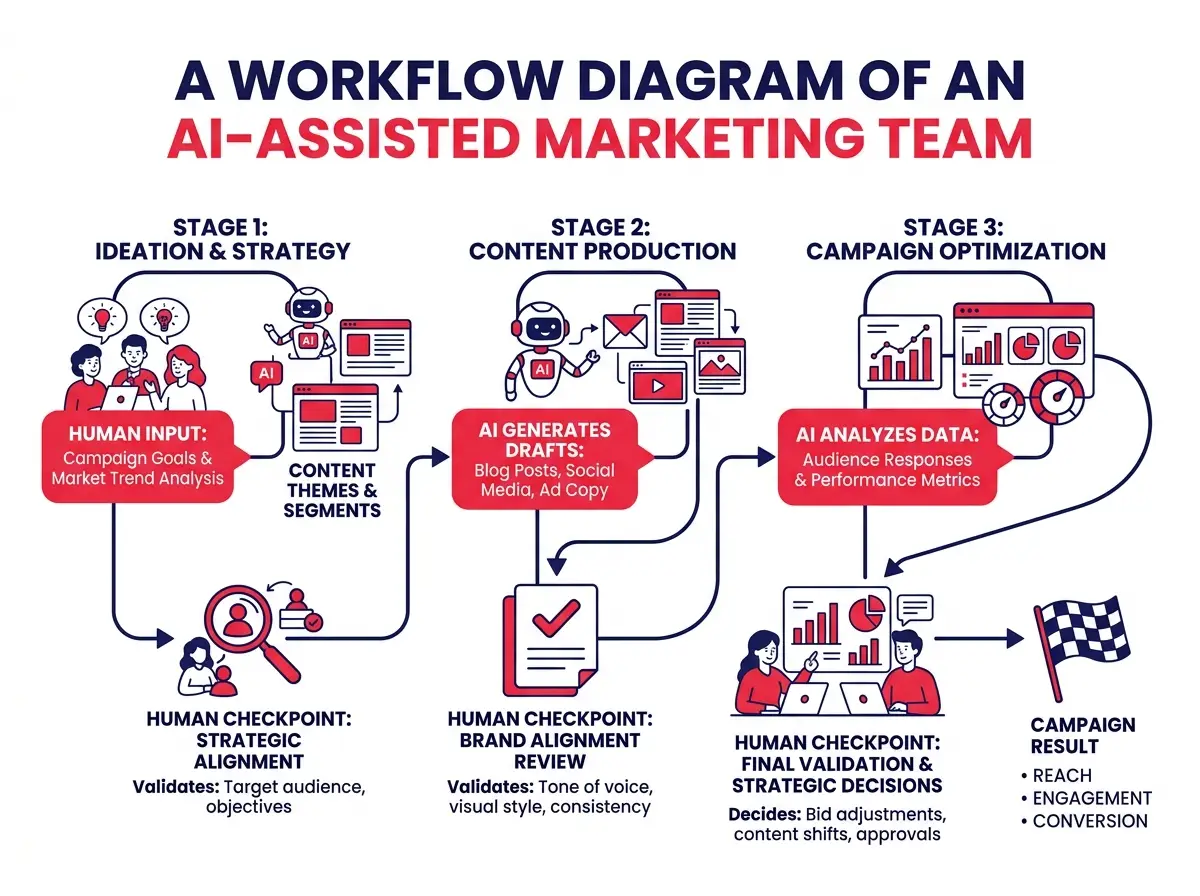 A workflow diagram of an AI-assisted marketing team, with clearly labeled human checkpoints for validation, brand alignment review, and strategic decision-making at each stage