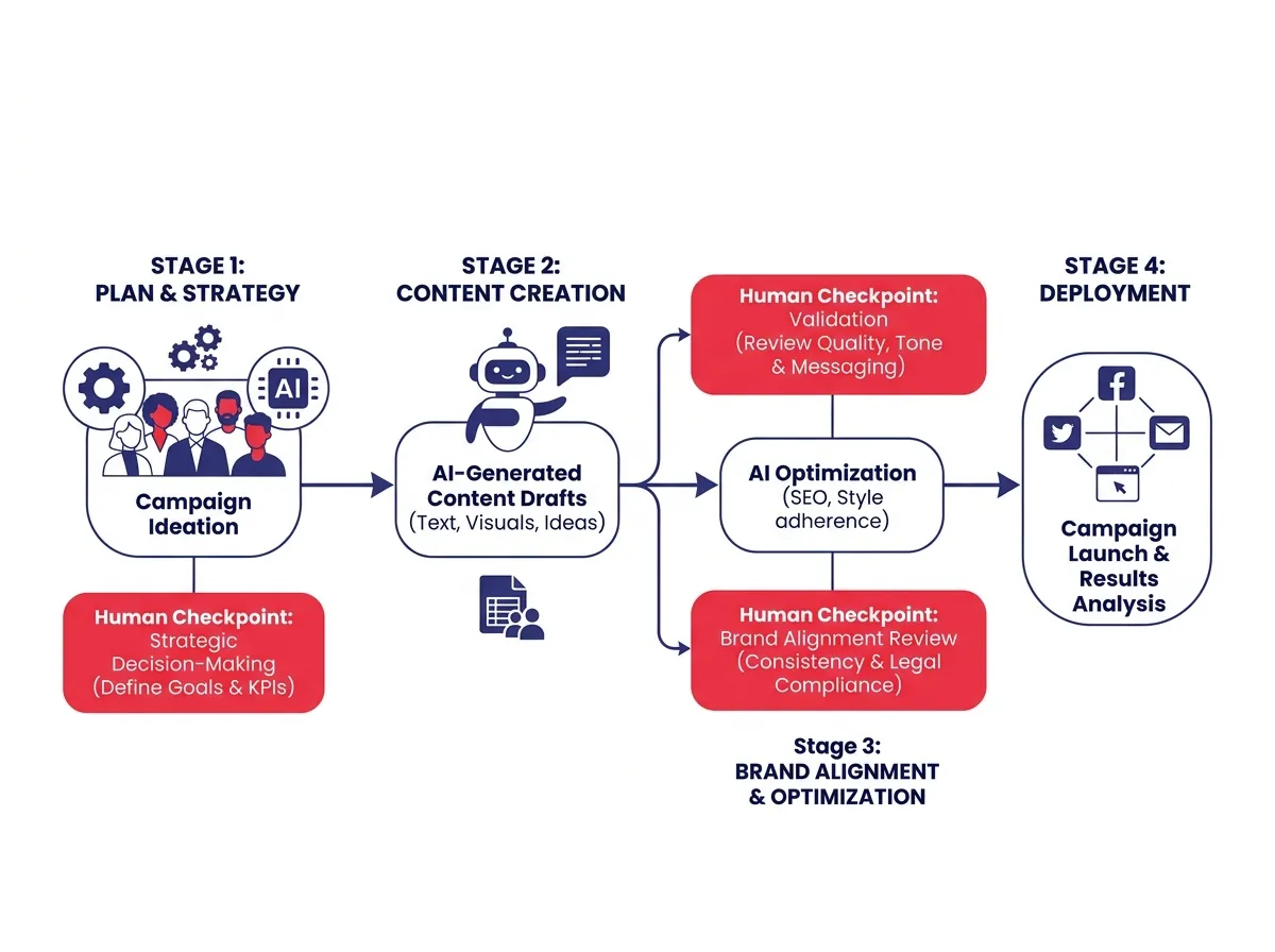 A workflow diagram of an AI-assisted marketing team, with clearly labeled human checkpoints for validation, brand alignment review, and strategic decision-making at each stage