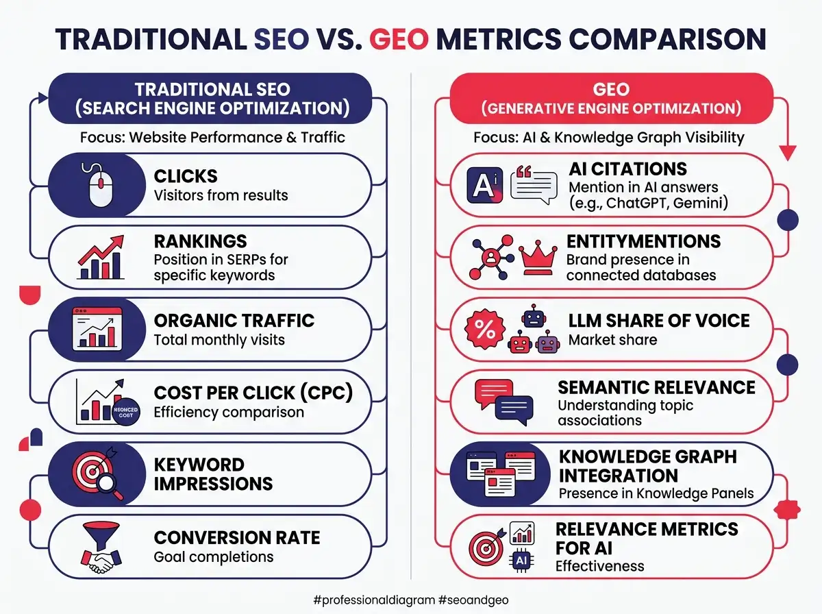 A side-by-side comparison showing traditional SEO metrics like clicks and rankings versus GEO metrics like AI citations and entity mentions