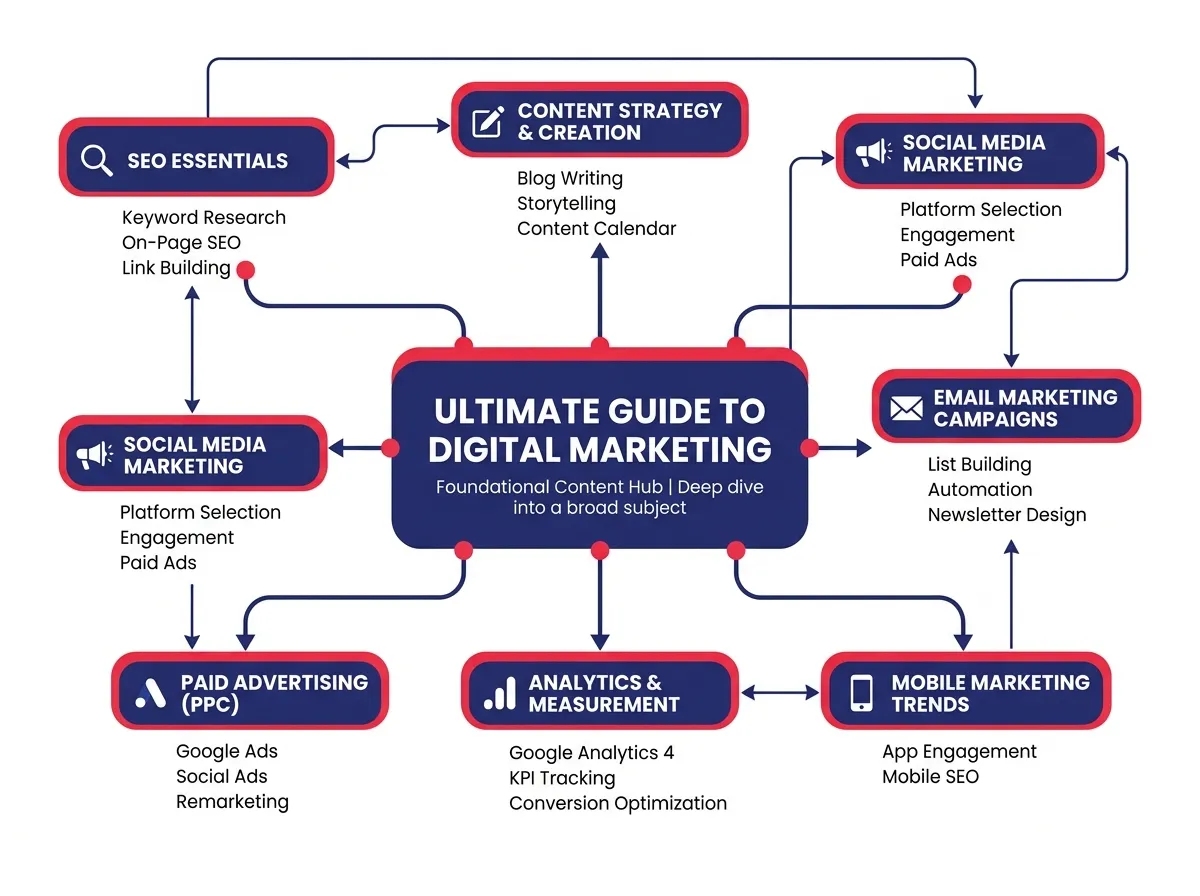 A visual diagram showing the hub-and-spoke content architecture model with a central hub topic and connecting spoke subtopics branching outward