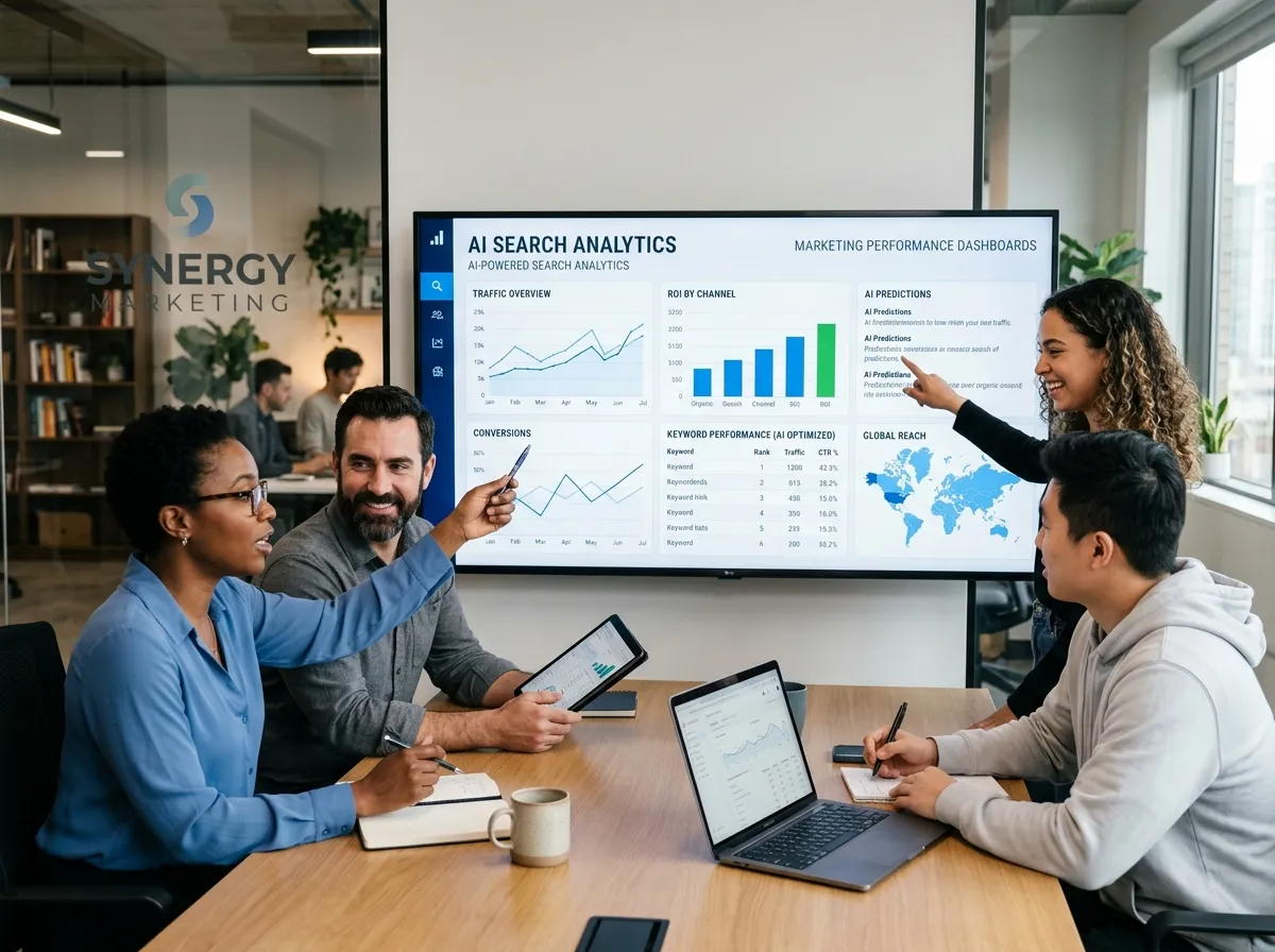 A marketing team gathered around a screen displaying AI-powered search results and analytics dashboards