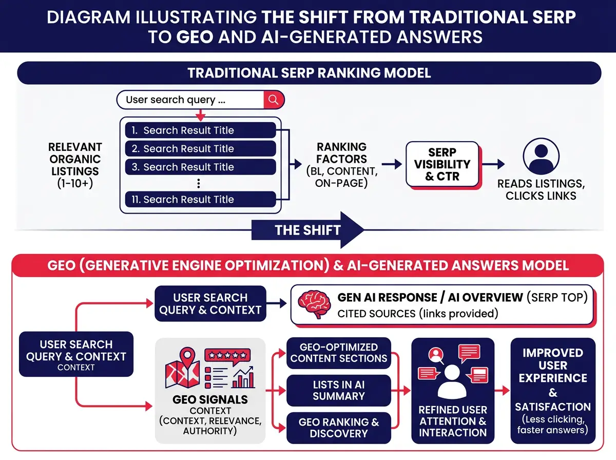 Diagram showing the shift from traditional SERP ranking model to GEO and AI-generated answer placement