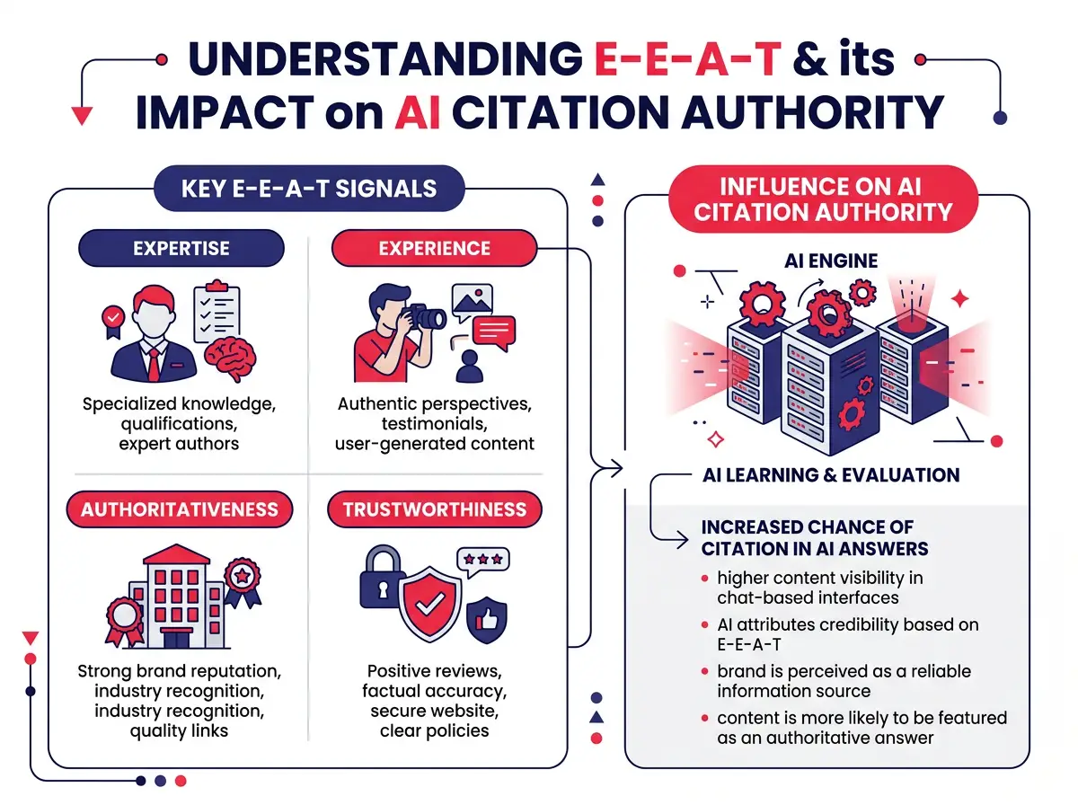 Infographic illustrating E-E-A-T signals and how they influence AI citation authority for brand content