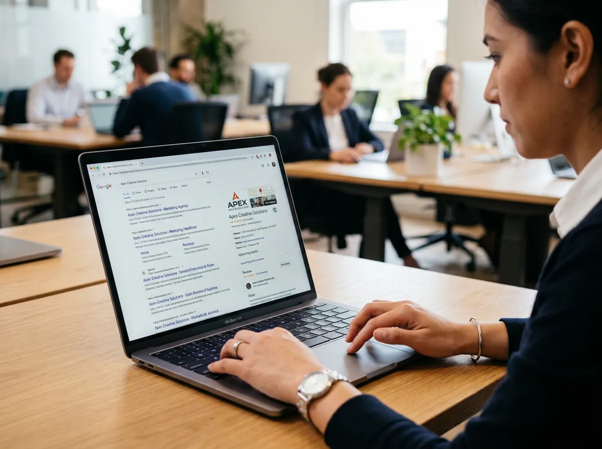 ภาพโคลสอัพของบุคคลที่กำลังค้นหาข้อมูลบนหน้าจอคอมพิวเตอร์ซึ่งแสดงแผงความรู้ของ Google พร้อมรายละเอียดทางธุรกิจโดยอัตโนมัติ