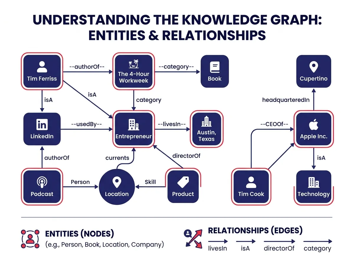 ภาพกราฟิก Knowledge Graph ที่มีจุดเชื่อมต่อบอก Entities โยงใยหาความสัมพันธ์อย่างเป็นระบบระเบียบ