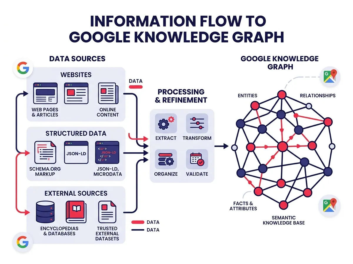 ภาพอินโฟกราฟิกบรรยายเส้นทางหมุนเวียนและส่งผ่านแหล่งของข้อมูลเว็บไซต์จากโครงสร้างสู่ Google Knowledge Graph