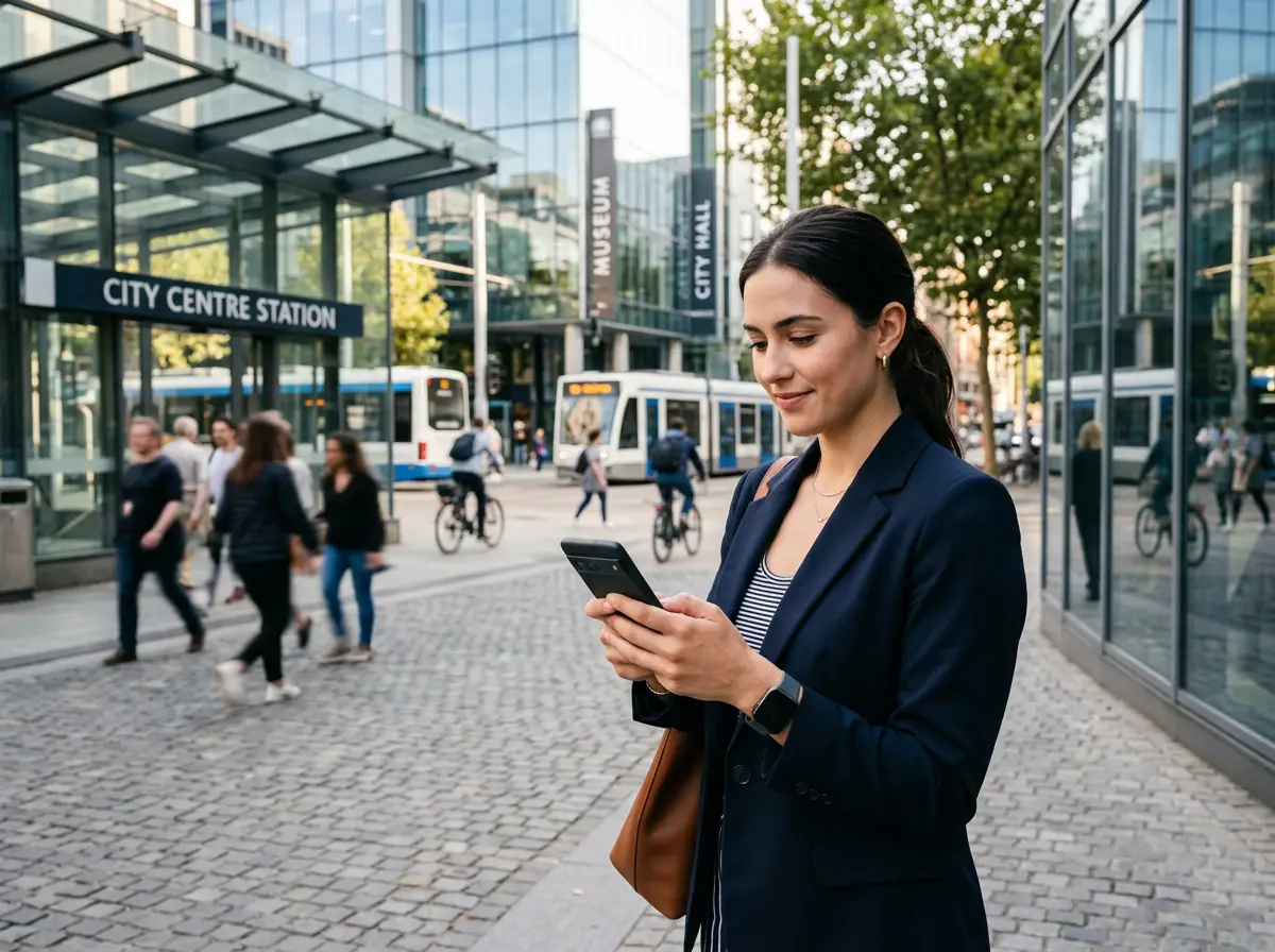 A person using a smartphone to conduct a search query in a modern urban environment