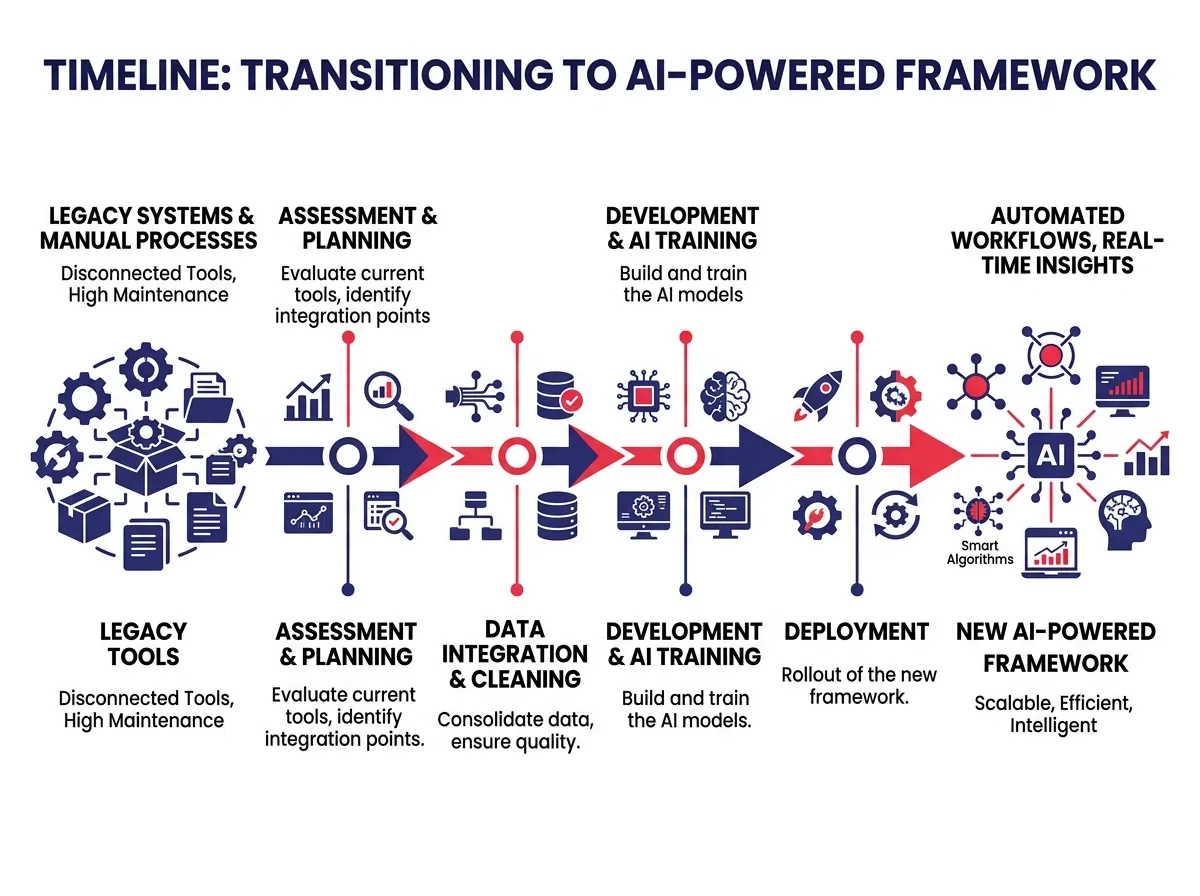 A timeline illustration showing the transition phases from legacy tools to the new AI-powered framework