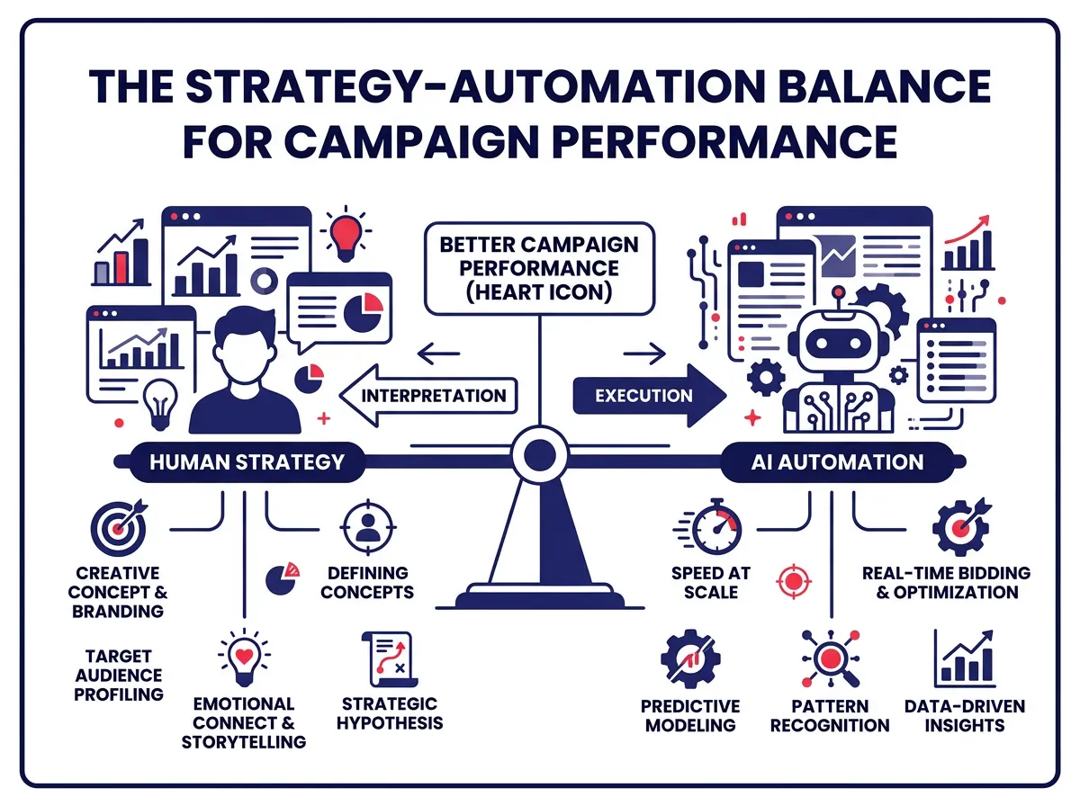 A chart showing the balance between human strategy and AI automation levers for better campaign performance