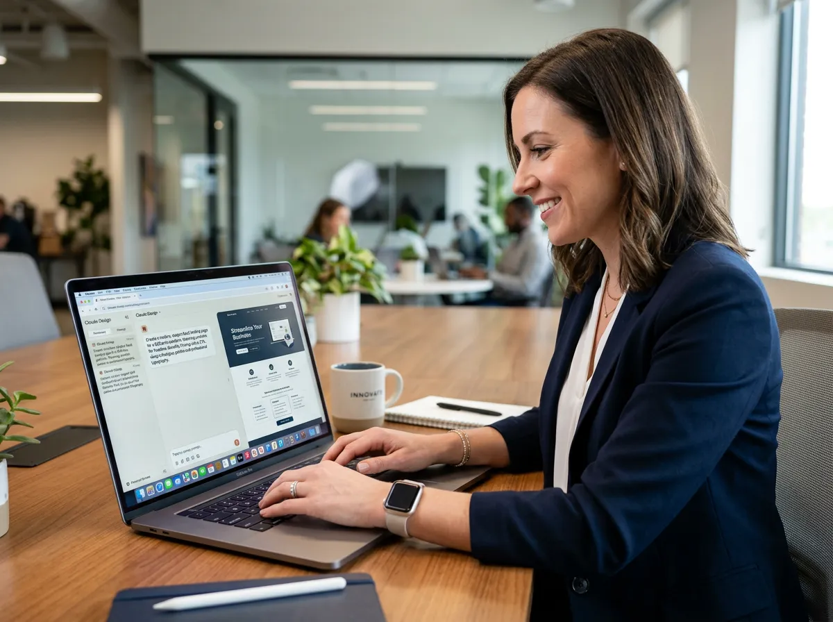 A business professional typing a prompt into Claude Design on a laptop screen, with a polished visual mockup appearing on the right side of the interface