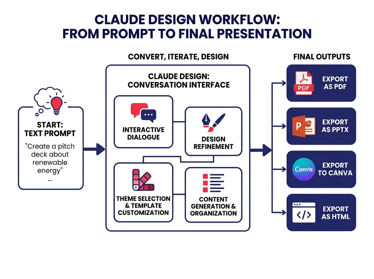 A workflow diagram showing the journey from a text prompt on the left, through Claude Design's conversation interface in the middle, to multiple export formats including PDF, PPTX, Canva, and HTML on the right