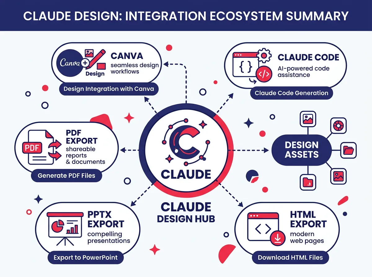 An infographic showing Claude Design's integration ecosystem, with icons for Canva, Claude Code, PDF, PPTX, and HTML export options, arranged around a central Claude Design hub