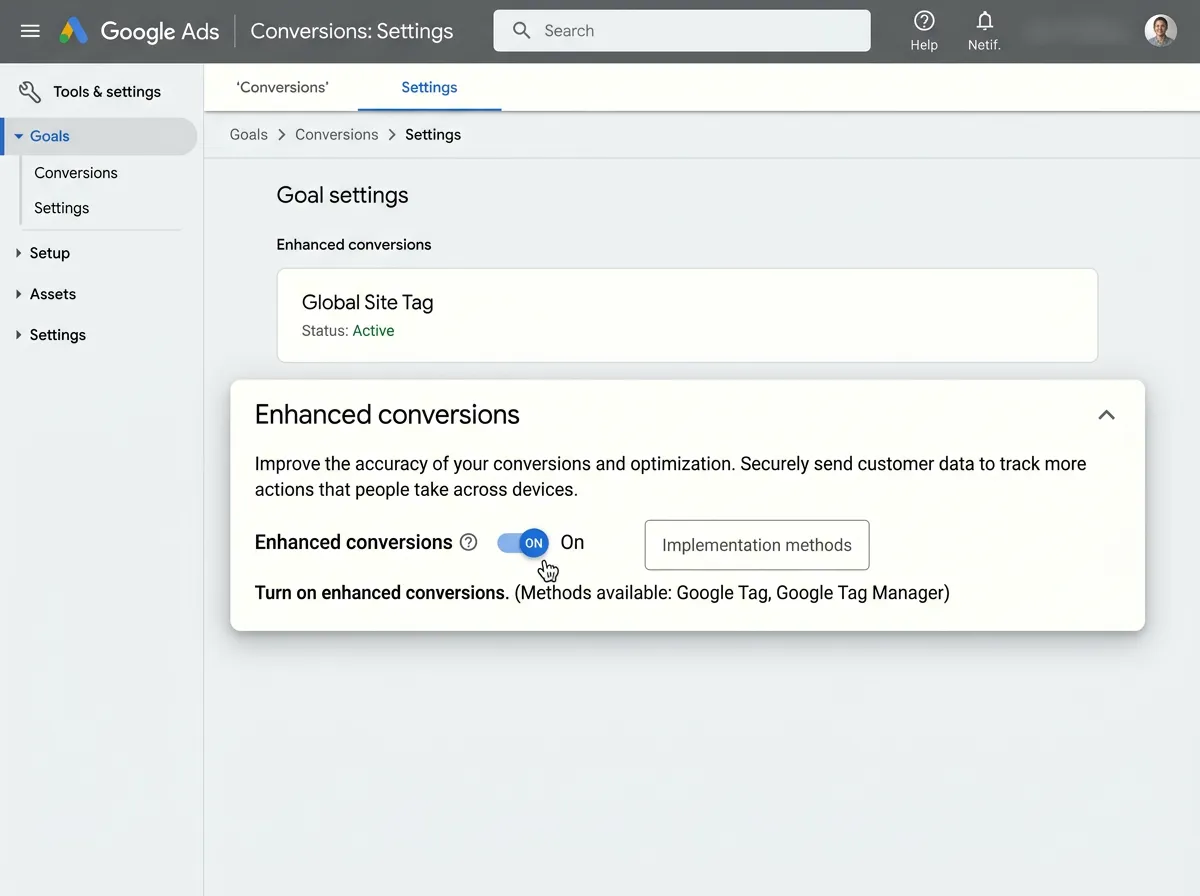 Screenshot-style image showing the new unified Google Ads enhanced conversions toggle in the Goals and Settings section of a Google Ads account