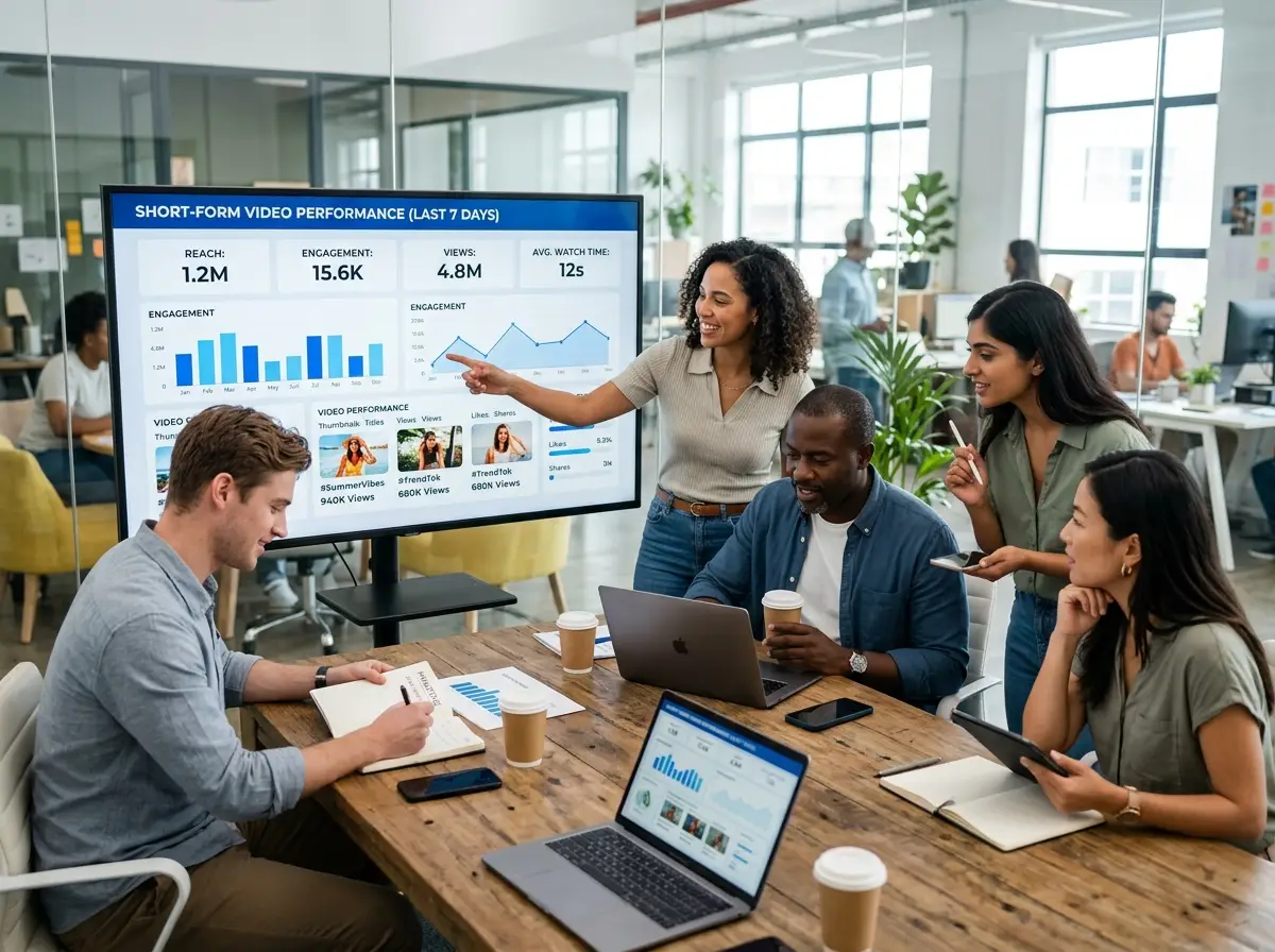 A marketing team collaborating around a screen reviewing short-form video content performance metrics