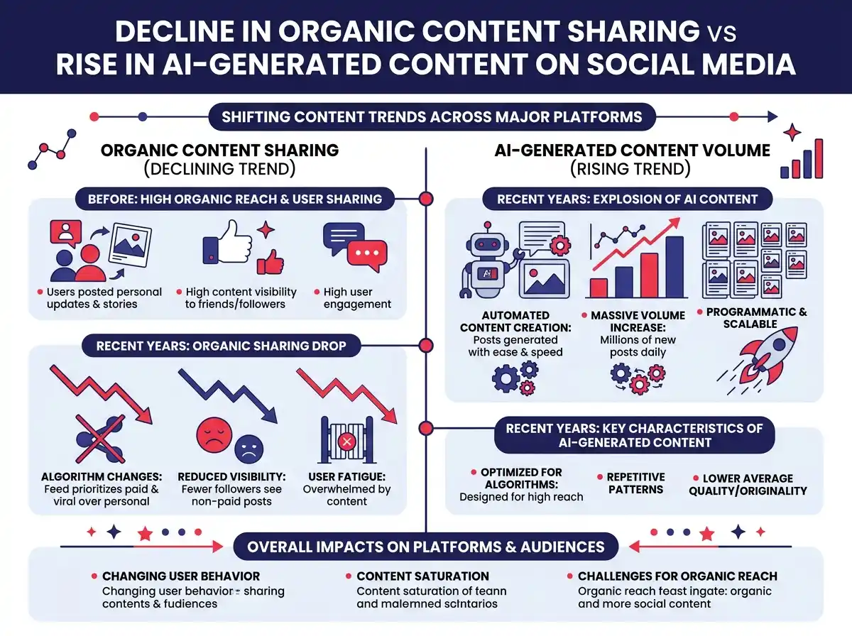 Infographic showing the decline in organic content sharing versus the rise in AI-generated content volume across major social platforms