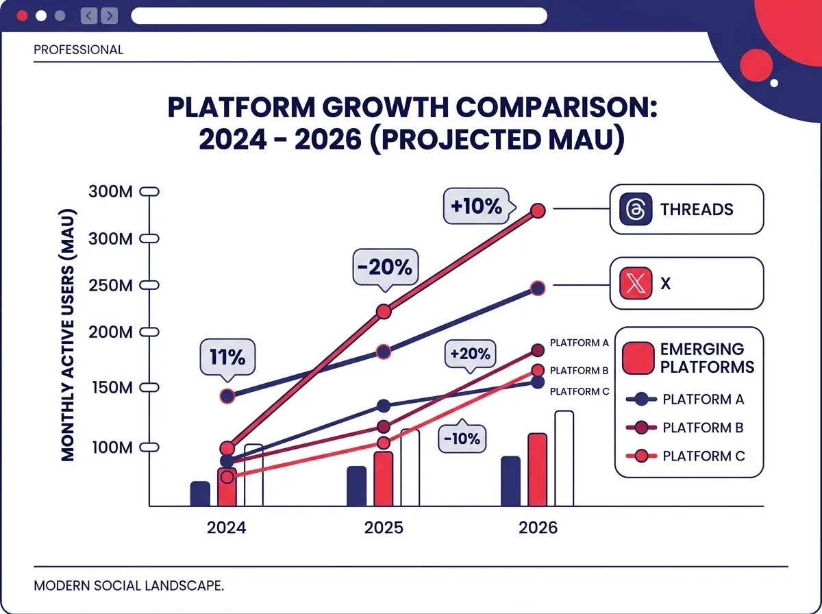 Diagram showing platform growth comparison between Threads, X, and other emerging social media platforms in terms of monthly active user growth from 2024 to 2026