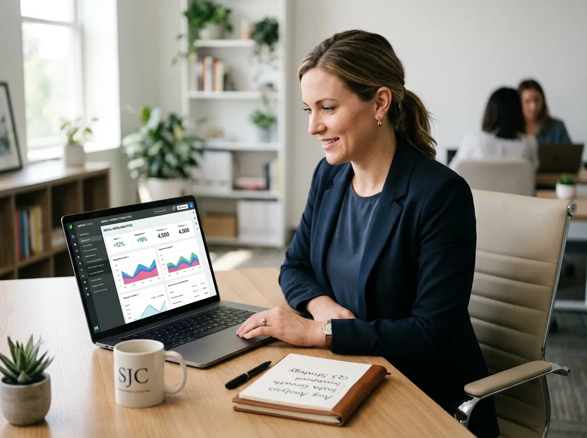 เจ้าของธุรกิจกำลังตรวจสอบข้อมูลวิเคราะห์โซเชียลมีเดียบนแล็ปท็อปที่โต๊ะทำงาน