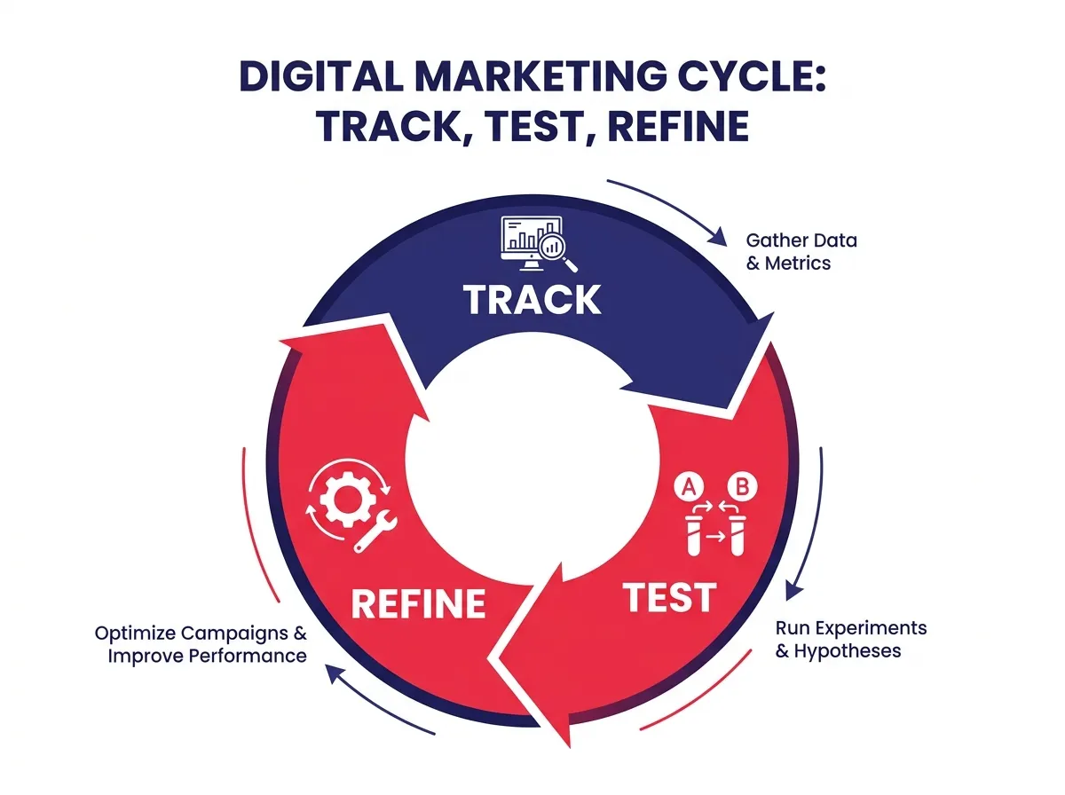 แผนภาพวงกลมแบบเรียบง่ายแสดงวงจร 3 ขั้นตอนคือ ติดตามผล ทดสอบ และปรับปรุง สำหรับการตลาดดิจิทัล
