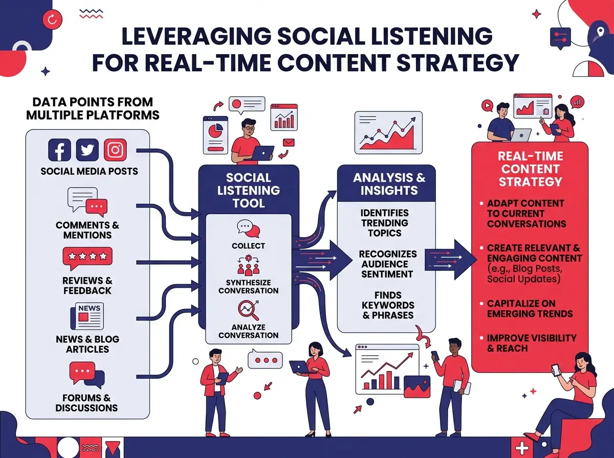 อินโฟกราฟิกแสดงวิธีการทำงานของเครื่องมือ social listening ในการเชื่อมโยงข้อมูลจากหลากหลายแพลตฟอร์มเพื่อนำมาใช้กำหนดกลยุทธ์แบบเรียลไทม์