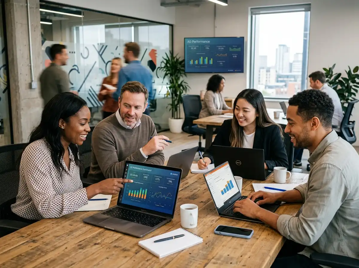 A marketing team reviewing ad performance dashboards on laptops in a modern office setting