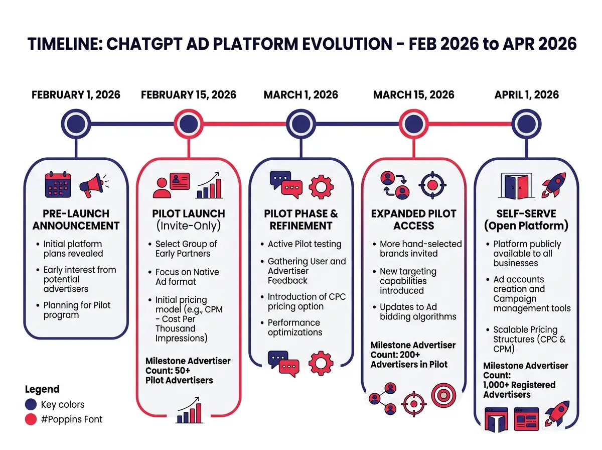 Timeline showing the evolution of ChatGPT ad platform from February 2026 pilot launch through April 2026 self-serve rollout, with key pricing changes and milestone advertiser counts
