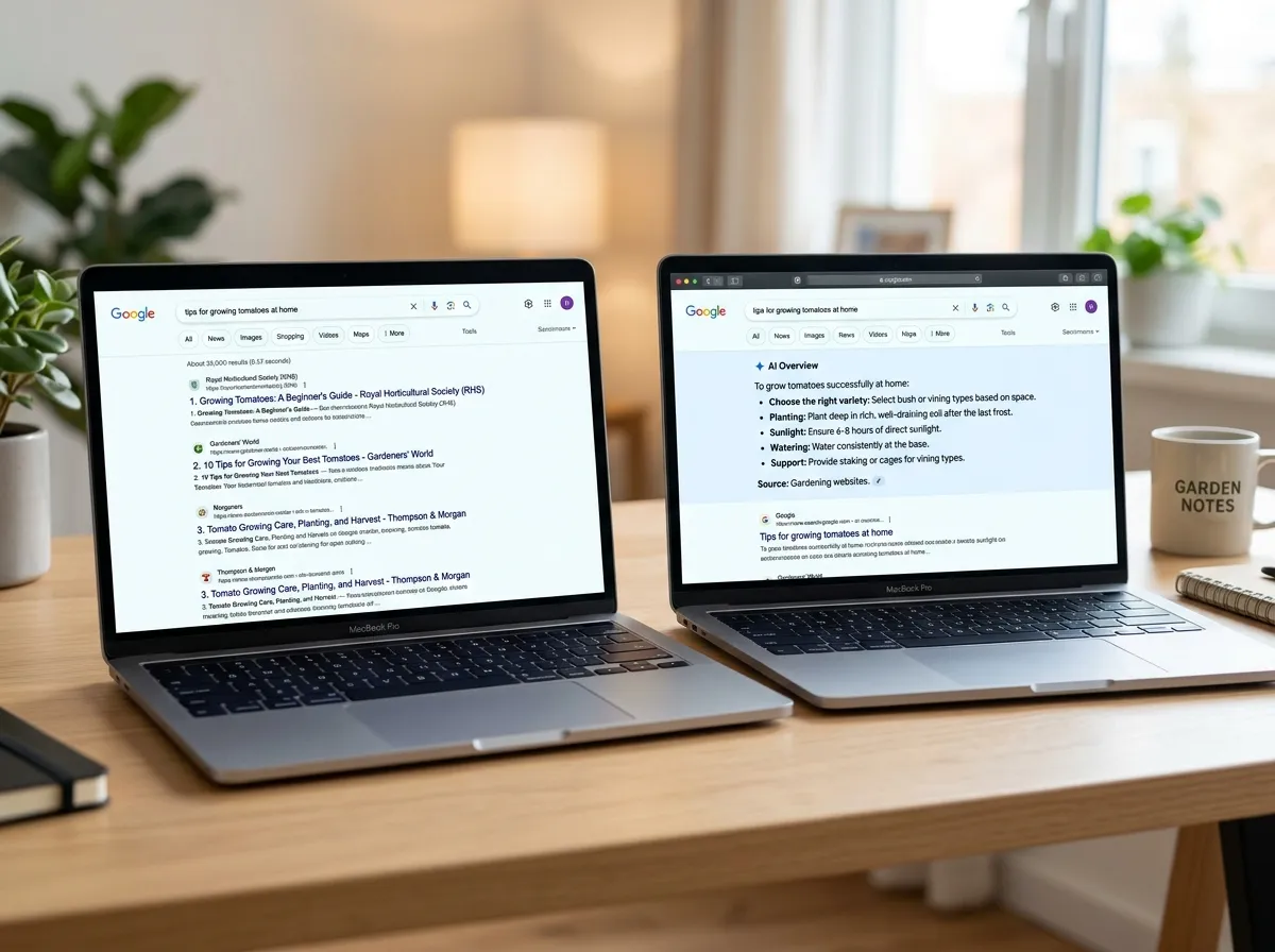 Side-by-side comparison of a traditional Google search results page with blue links versus a Google AI Overview result at the top of the page
