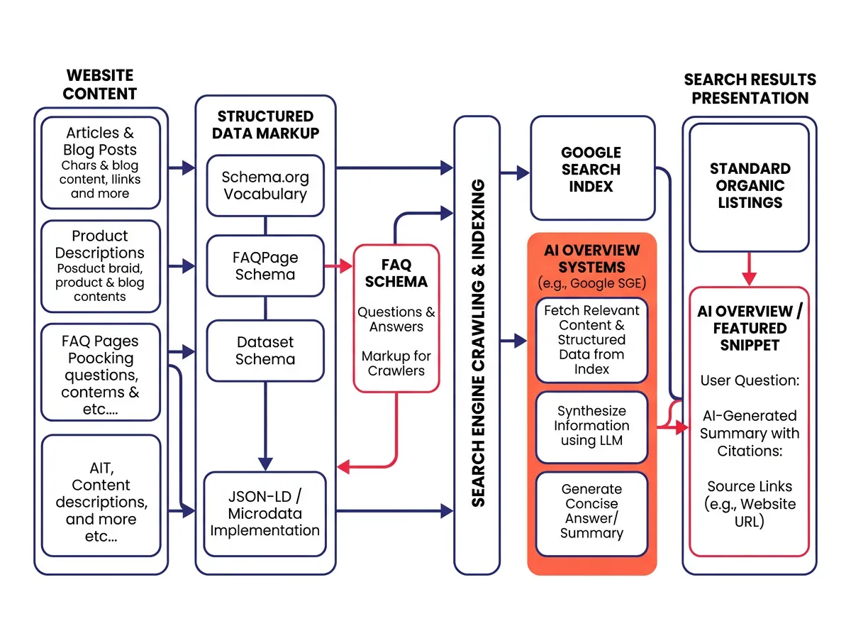 Diagram showing the relationship between website content, FAQ schema, structured data, and how AI Overview systems pull and surface that content in search results
