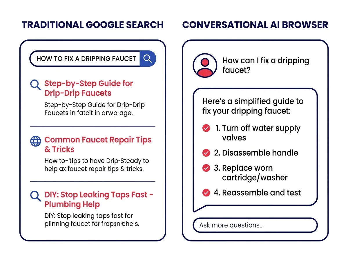Illustration comparing a traditional Google search interface with a list of links to a conversational AI browser interface delivering a direct, guided answer to a user query