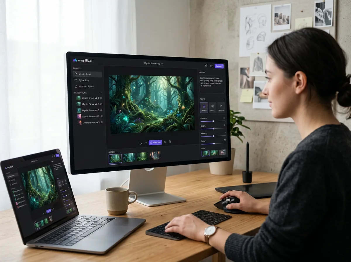 Magnific platform interface showing AI image generation and creative workspace tools