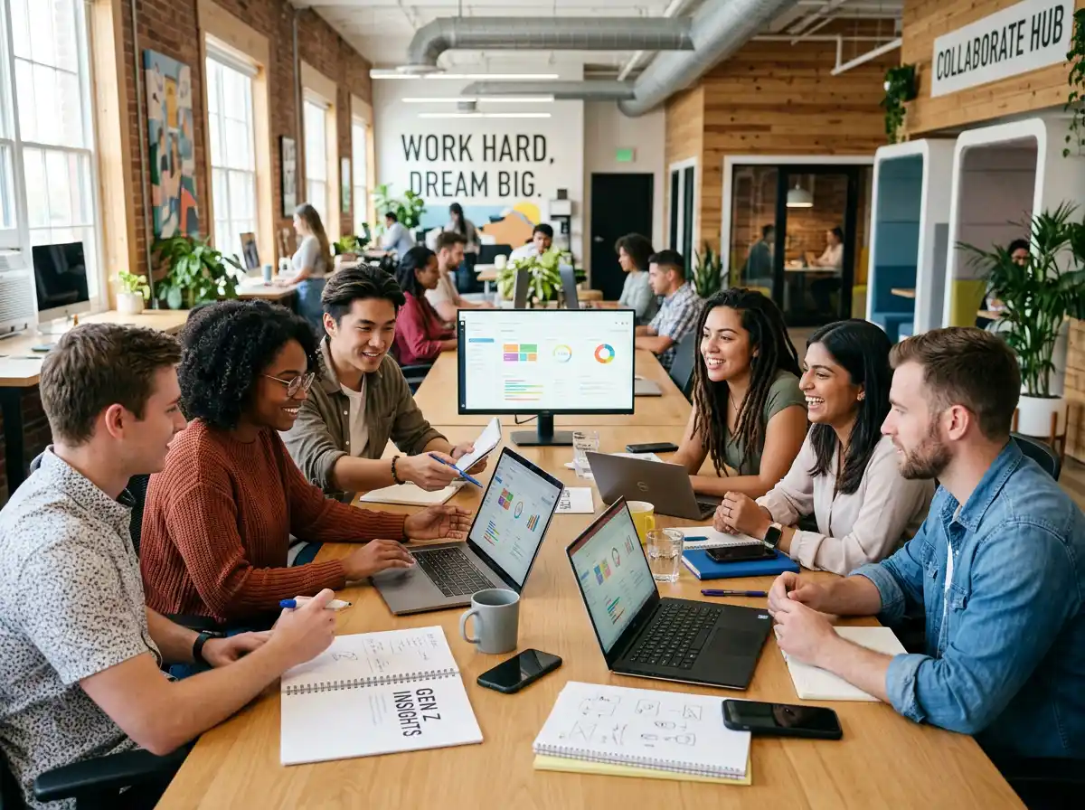 A diverse group of young professionals in a modern open office, looking at screens and brainstorming together, representing Gen Z entering the workforce