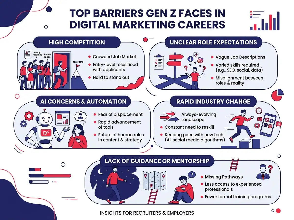 A visual breakdown of the top barriers Gen Z candidates face when considering digital marketing careers, including competition, unclear role expectations, and AI concerns